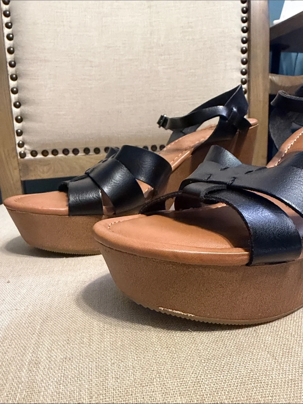 SM New York Black Faux Leather Platform Sandals Size 8